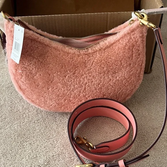Coach Pink Shearling Bag with long leather and short multicolor shearling Strap - Picture 2 of 8